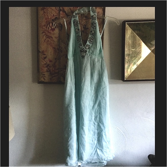 WDNY 100% SILK EMBELLISHMENT BEADED BOHO ETHEREAL FAIRY HALTER DRESS 8 M - Picture 3 of 7
